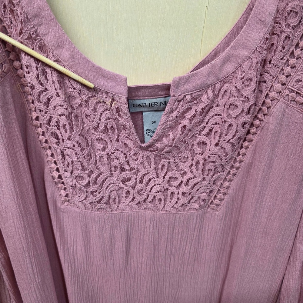 Catherines Womens 5X Dusty Rose Crochet Lace Split Neck Viscose Gauze Blouse - Picture 4 of 16